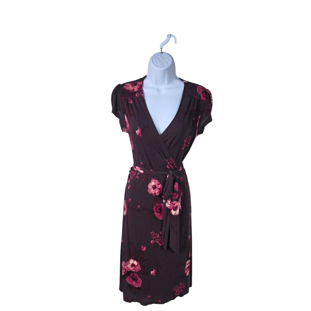 Banana Republic 100% Silk Floral Wrap Dress Brown Pink Petite S 0129